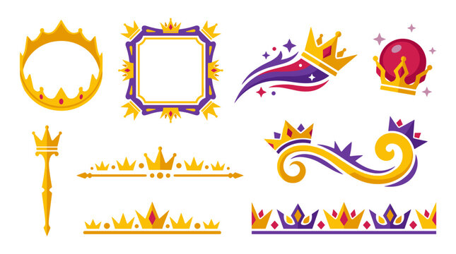 Set of royalty themed assets featuring crowns, golden frames, magical orb, and decorative borders, royal identity design elements for games