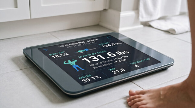 Digital smart scale showing lean body mass metrics on a display in bathroom, presenting various health data. Modern smart scale provides detailed body composition analysis.