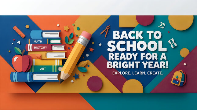 Geometric back to school banner with books and pencil isolated on transparent background for educational marketing, school supplies, and classroom decor.