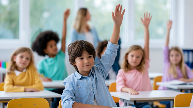 Back to school concept with elementary students raising hands in classroom during lesson with teacher, active learning and participation