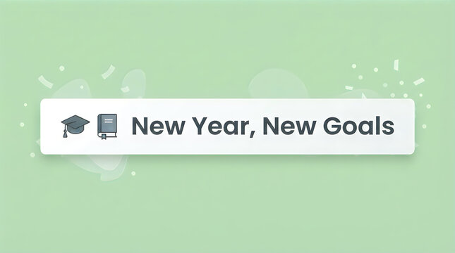 New year new goals banner with graduation cap and book icons, elegant design isolated on transparent background for academic planning and personal development.