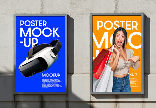 Dual Outdoor Poster Lightbox Mockup on Concrete Wall