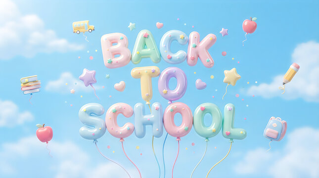 Balloon typography spelling Back to School with school icons isolated on transparent background for festive educational seasonal design and social media posts.