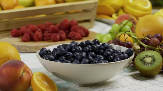 Display of fresh, beautiful fruit on kitchen counter - tracking shot