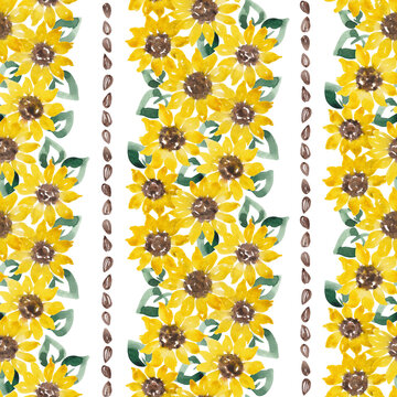 Sunflowers seamless border. Vertica seamless pattern with sunflowers. Watercolor sunflowers lines. Geometric floral print for home textile, fabric, packaging. Harvest festival, Rustic fabric pattern
