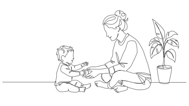 animated continuous line drawing of loving mother playing with toddler on floor, line art animation
