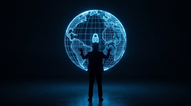 Businessman Silhouette Managing Global Digital Network Security and Data Privacy Protection