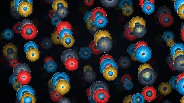 Dynamic Time Lapse Animation Of Various Aperture Blades Opening And Closing Randomly In A Dark Background