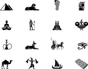 Obraz premium Ancient Egypt Black Silhouette Icon Set with Pyramid Sphinx Pharaoh Anubis Chariot Camel Eye of Horus and Egyptian Boat Vector Illustration Collection