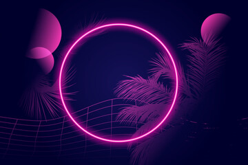 Obraz premium Glowing neon pink circle frame with tropical palm leaves and grid pattern on dark background, retro synthwave design template. Summer party banner template with tropic leaves and glow circle frame.