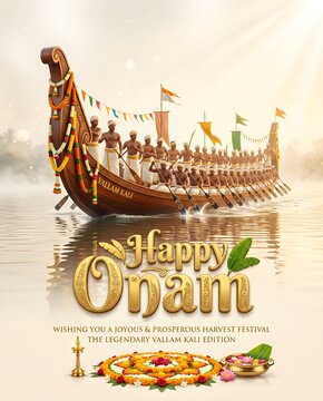 Happy onam festival poster featuring traditional vallam kali snake boat race with Oil Lamp