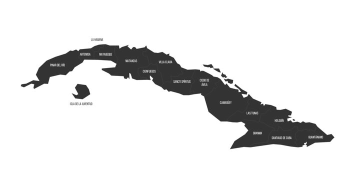 Cuba political map of administrative divisions - provinces. Flat dark grey map on white background with province name labels