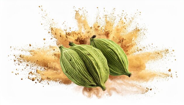 Green cardamom pods floating in a vibrant explosion of aromatic brown spice powder on a clean white background for culinary concepts.