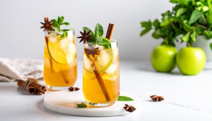 Fototapeta premium Two refreshing glasses of cold apple cider cocktail garnished with star anise cinnamon sticks and fresh mint leaves on a white background.