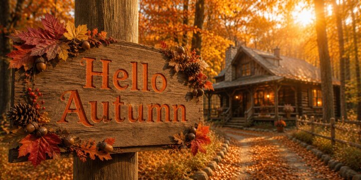 Hello Autumn wooden sign decorated with colorful fall leaves in front of a cozy forest cabin. Rustic seasonal greeting background celebrating autumn with warm golden sunlight