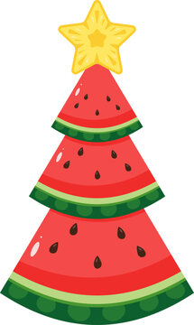 Festive Christmas tree crafted from watermelon slices with a pineapple cut yellow star topper. Ideal for holiday design, creative greeting cards, or summer themed seasonal projects.