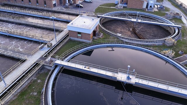 Aerial view of the rural water treatment facility in Monroe, Michigan, United States.
