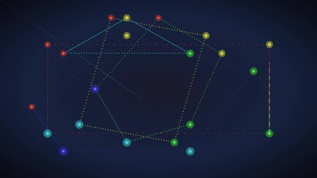 Dynamic Animated Network Connecting Colorful Gears And Dotted Lines On A Dark Blue Background, Representing Data Flow And Technology