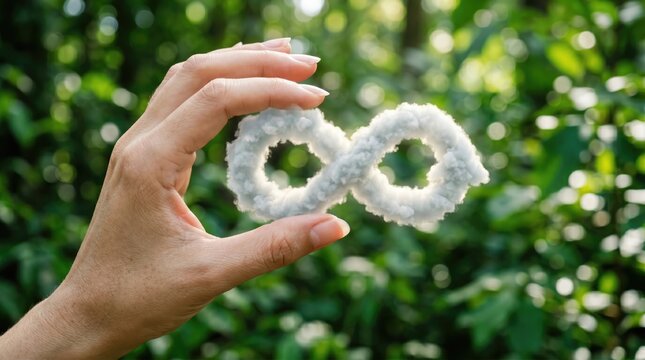 Hands holding two interlocking infinity symbol rings against lush green background with blurred green foliage backdrop under soft natural lighting
