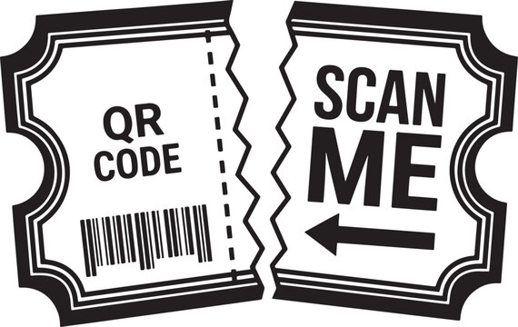 Torn ticket with qr code and scan me text and arrow.