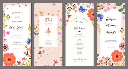 Naklejka premium Floral templates 4x9. Greeting cards with decorative flowers, floral frames and backgrounds with copy space. For Mother’s Day, Women’s Day, Birthday, Menu, Wedding, Baby invitations.