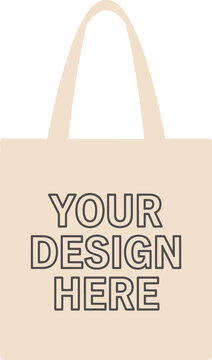 Tote bag mockup template with long handles and outline text on neutral canvas beige texture.