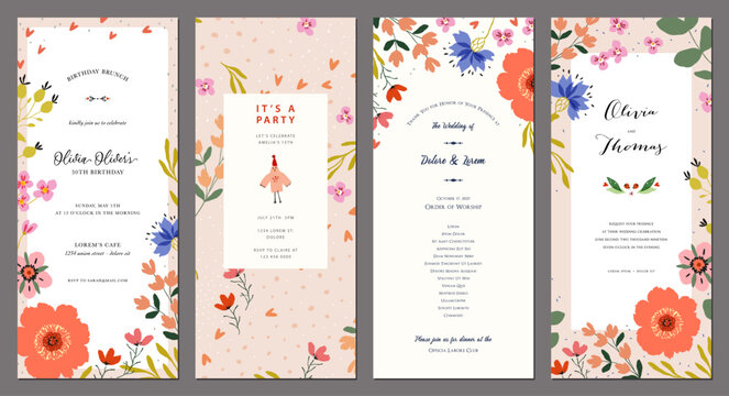 Floral templates 4x9. Greeting cards with decorative flowers, floral frames and backgrounds with copy space. For Mother&rsquo;s Day, Women&rsquo;s Day, Birthday, Menu, Wedding, Baby invitations.