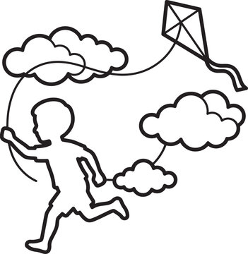 Young boy running with kite silhouette line art outdoors under clouds on windy summer day.