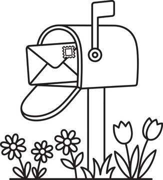 Traditional mailbox with letter in flower garden coloring page line art for craft activity.