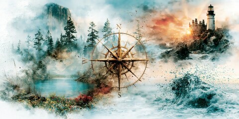 Fototapeta premium Golden vintage compass guiding immersive exploration through contrasting wild landscapes and stormy oceans