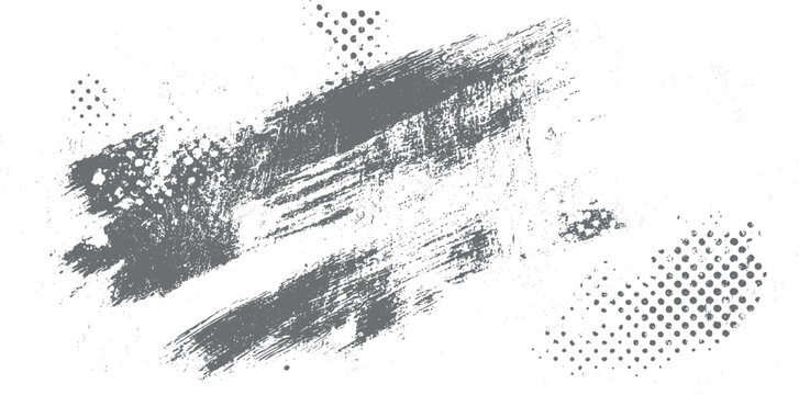 Gray distressed brush strokes and halftone dots on white background abstract texture grunge