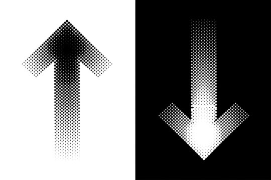Graphic halftone arrows pointing up and down on contrasting background with halftone direction contrast indicator abstract orientation business decision movement