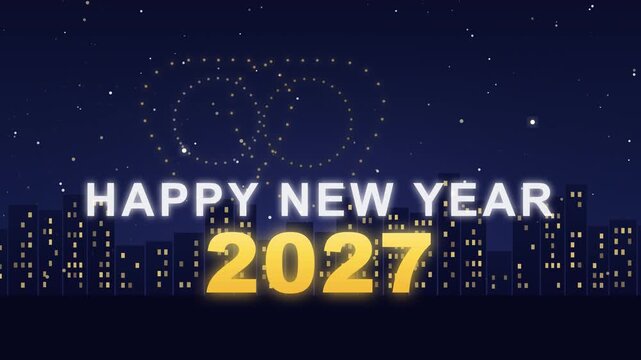Animated Cityscape Displaying Happy New Year Message with Fireworks