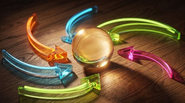 A golden sphere surrounded by colorful translucent arrows pointing inward on a warm wooden surface, symbolizing focus or convergence.