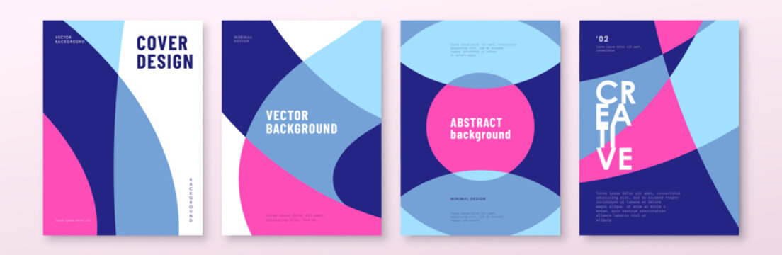 Abstract cover design templates with geometric shapes. Modern minimal vector background set featuring vibrant pink and blue fluid curves for posters, flyers, brochures