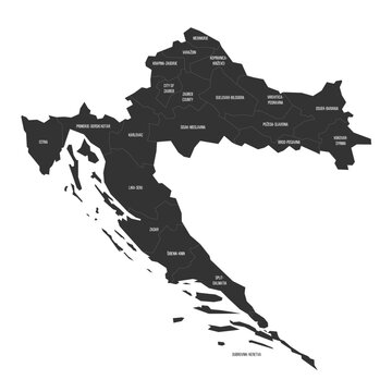 Croatia political map of administrative divisions - counties. Flat dark grey map on white background with province name labels