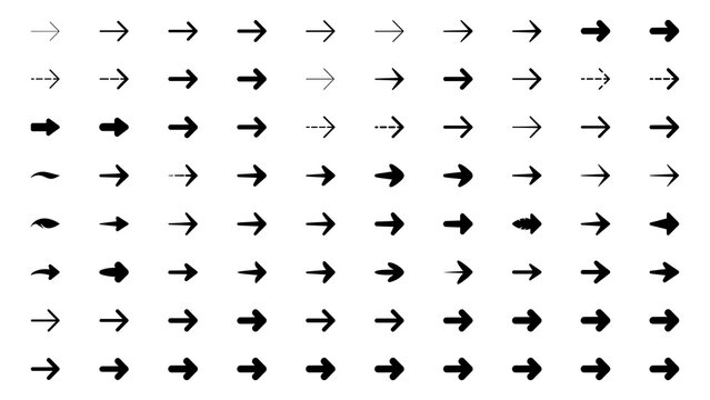 Comprehensive collection of various black arrow icons and symbols with direction navigation collection pointers elements business interface