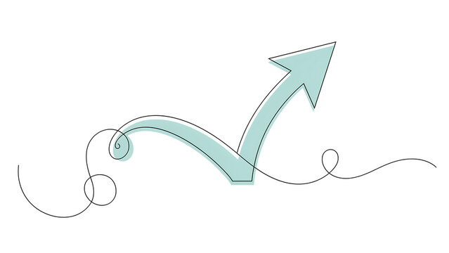 Pastel blue hand drawn upward curving arrow with direction business pointing illustration performance marketing creative isolated