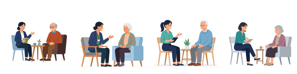 Obraz premium Vector illustration set of social workers providing professional counseling and support to elderly people, isolated on white background.