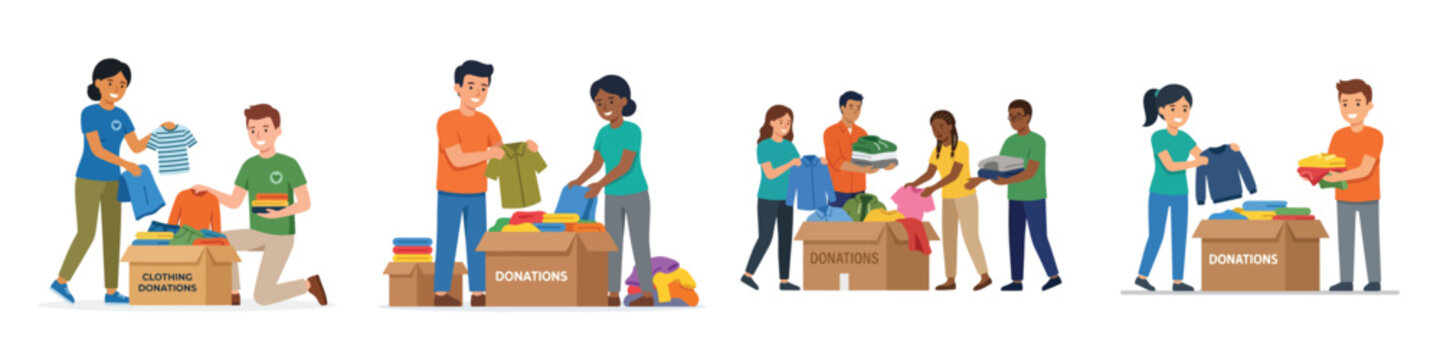 Diverse volunteers sorting and packing clothes into donation boxes for charity, flat vector illustration isolated on white background. People helping community with humanitarian apparel aid.