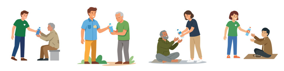 Obraz premium Flat vector set of volunteers giving water bottles to homeless and elderly people, representing charity, donation, and community support.