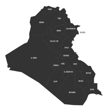 Iraq political map of administrative divisions - governorates and Kurdistan Region. Flat dark grey map on white background with province name labels