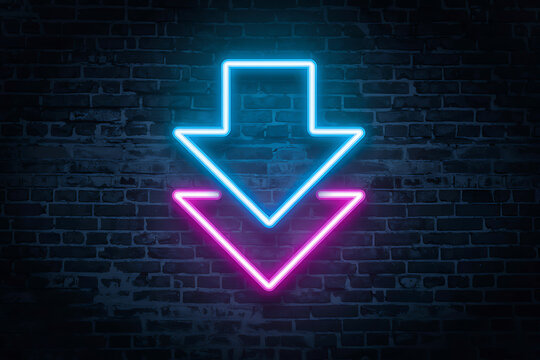 Glowing neon double downward arrow signs on dark brick wall background with download direction electric technology abstract background pointing