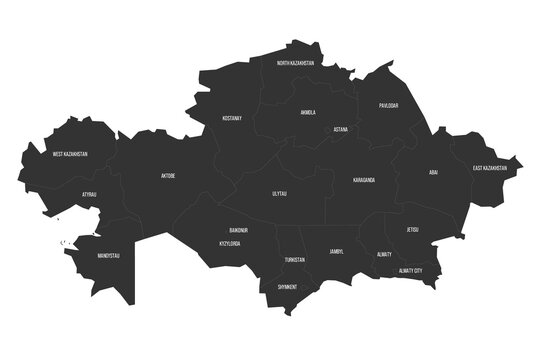 Kazakhstan political map of administrative divisions - regions and cities with region rights. Flat dark grey map on white background with province name labels