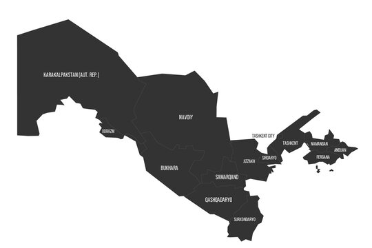 Uzbekistan political map of administrative divisions - regions, autonomous republic of Karakalpakstan and independent city of Tashkent. Flat dark grey map on white background with province name labels