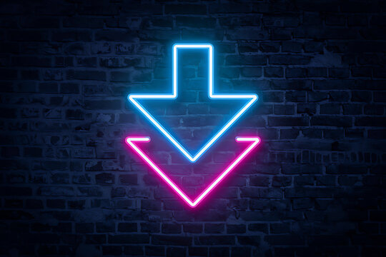 Dual neon arrow download symbol on textured wall with download interface internet technology electric direction