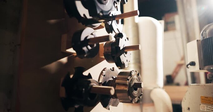 Manufacturing, machinery and gears in workshop for carpentry, industrial tools or building furniture. Hardware, equipment and cogs in factory for woodwork project, lumber production and restoration.