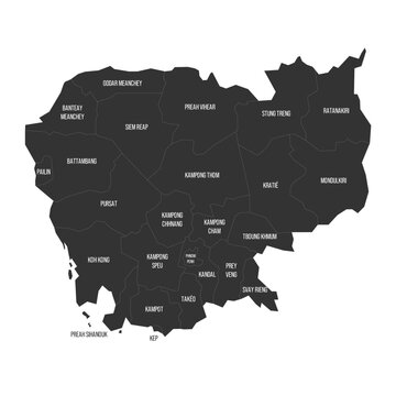 Cambodia political map of administrative divisions - provinces and autonomous municipality of Phnom Penh. Flat dark grey map on white background with province name labels