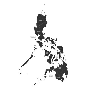 Philippines political map of administrative divisions - regions. Flat dark grey map on white background with province name labels