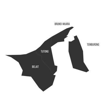 Brunei political map of administrative divisions - districts. Flat dark grey map on white background with province name labels